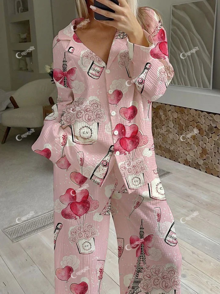 Women's Valentine's Day Heart Balloon Champagne Pattern Long Sleeve Pants Suit