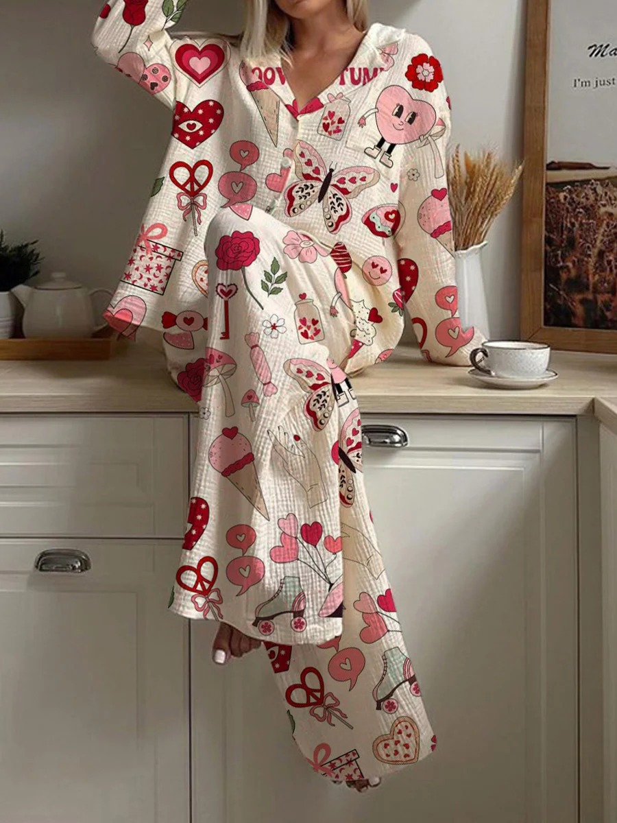 Women's Valentine's Day Butterfly Heart Pattern Long Sleeve Pants Set