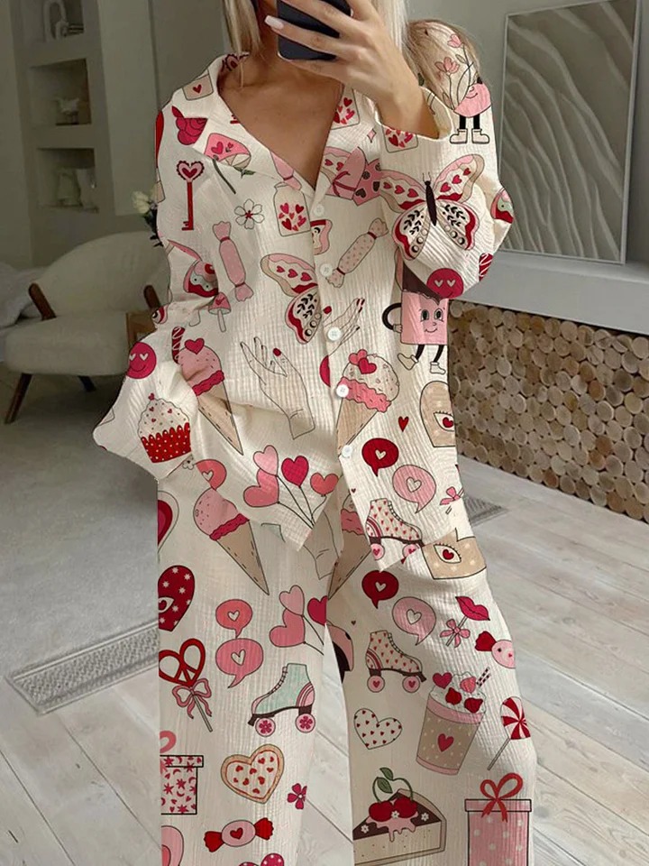 Women's Valentine's Day Butterfly Heart Pattern Long Sleeve Pants Set