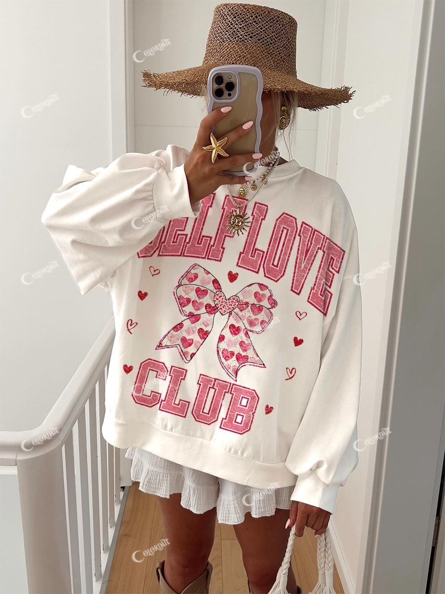 Women's Pink Bow Valentine's Day Love Yourself Printed Crew Neck Sweatshirt