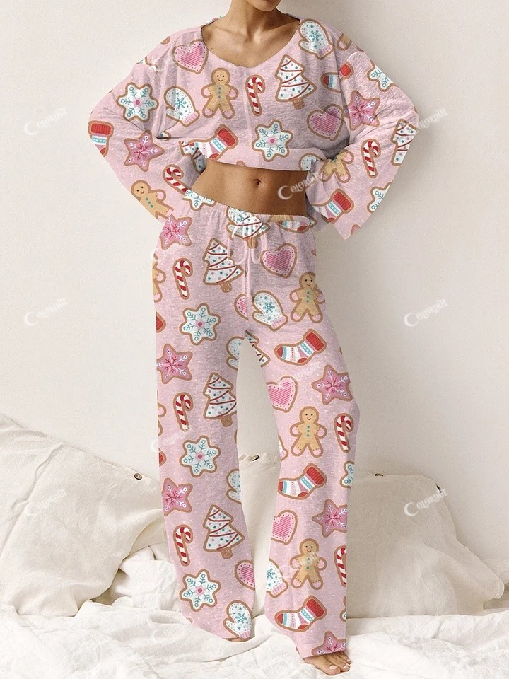 Women's Pink Christmas Printed Lounge Long Sleeve Suit