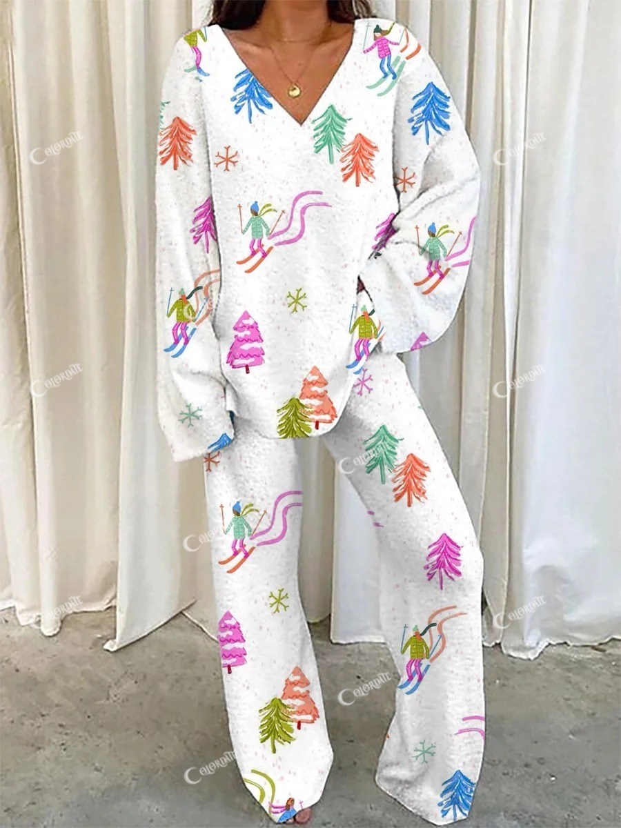 Women's Christmas Ski Illustration Printed Casual Homewear Set