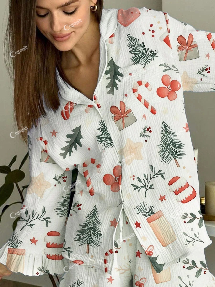 Women's Christmas Tree Balloon Pattern Ruffled Long Sleeve Pants Set