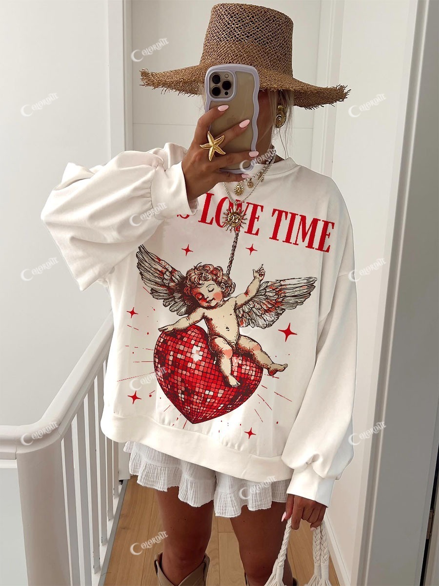 Women's Red Valentine's Day Love Cupid It's Love's Moment Printed Crew Neck Sweatshirt