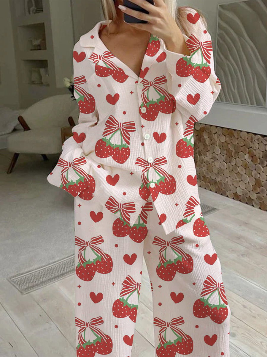 Women's Strawberry Bow Love Printed Casual Homewear Set