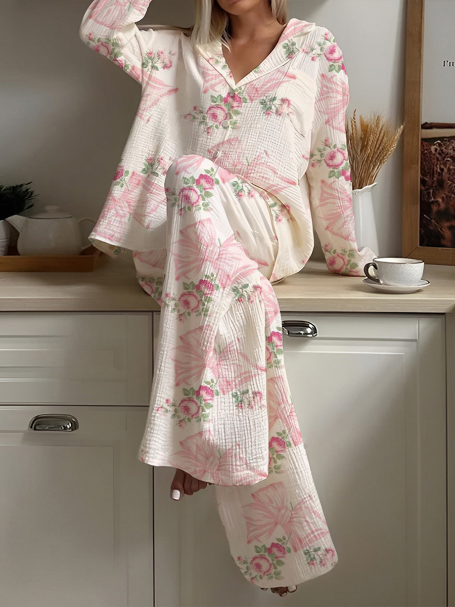 Women's Pink Flower Bow Pajama Set