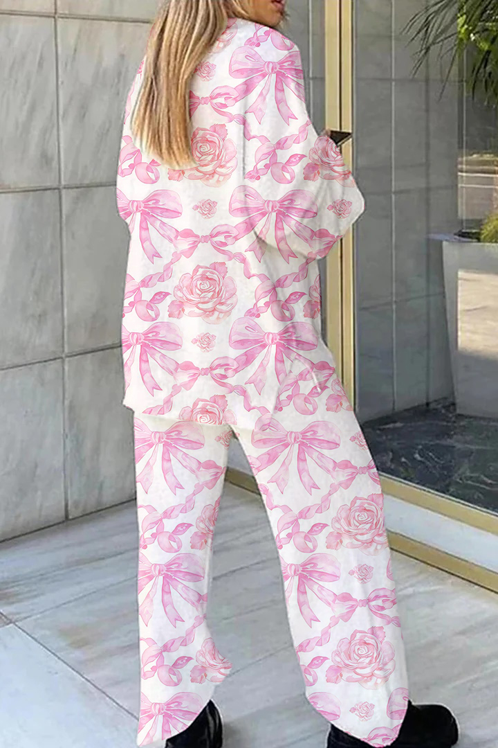 Women's Pink Floral Bow Print Home Long Sleeve Suit