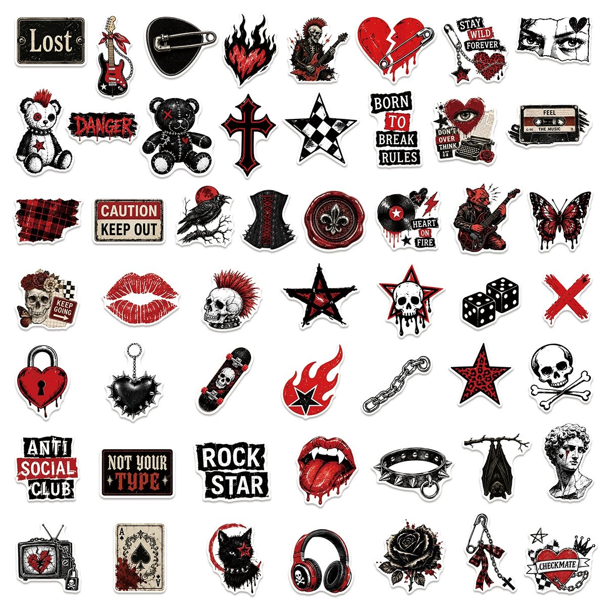 50 PVC Punk, Gothic, Skull, Rock And Dark Grunge Stickers
