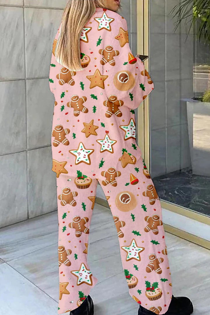 [Copy]Women's Pink Christmas Gingerbread Man five pointed starPrint Home Long Sleeve Suit