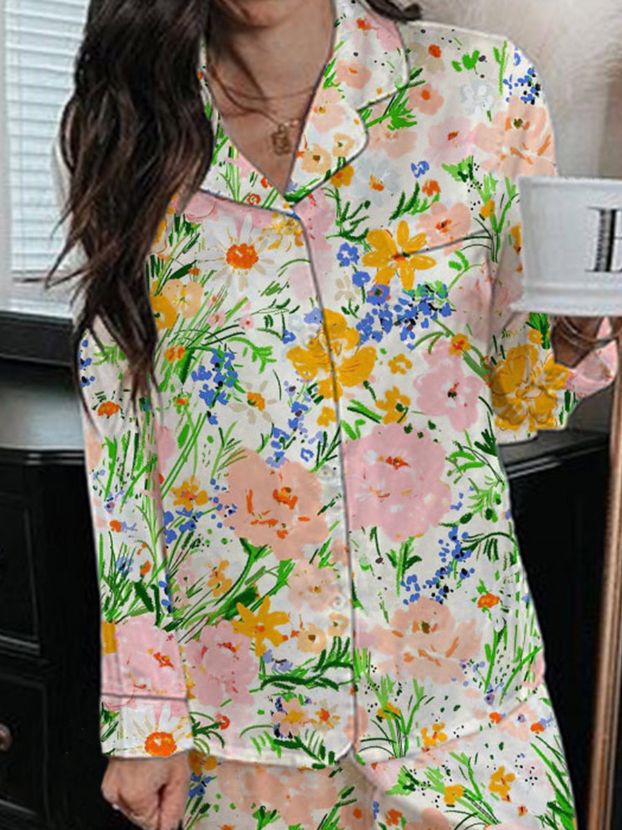 Women's Satin Art Floral Vintage Print Home Long Sleeve Suit