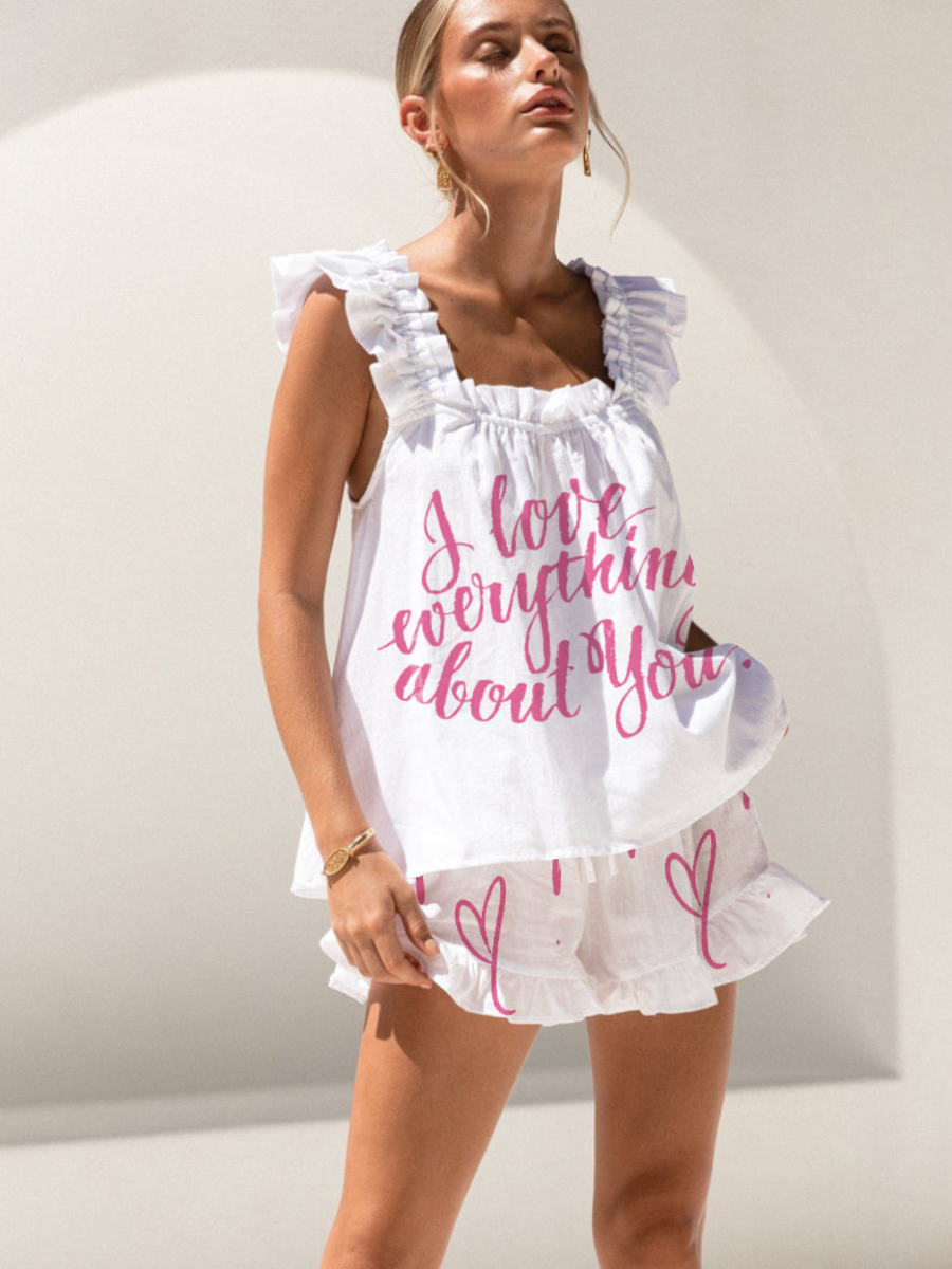 I Love Everything About You Print Short Tank Top Shorts Pajama Set