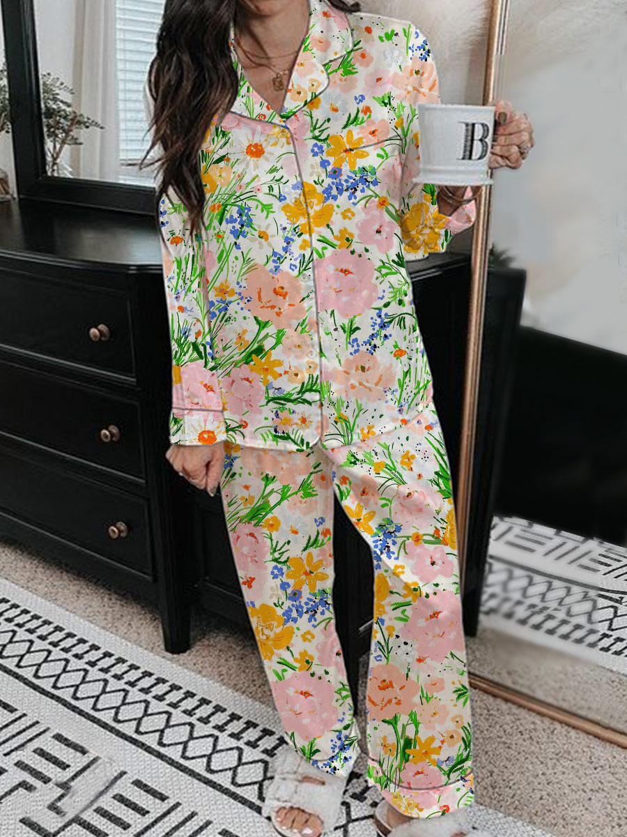 Women's Satin Art Floral Vintage Print Home Long Sleeve Suit