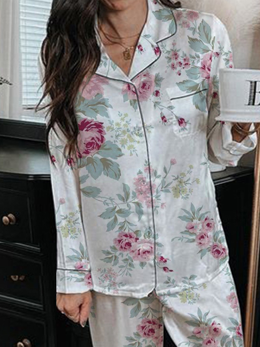 Women's Romantic Rose Pattern Long Sleeve Pants Suit