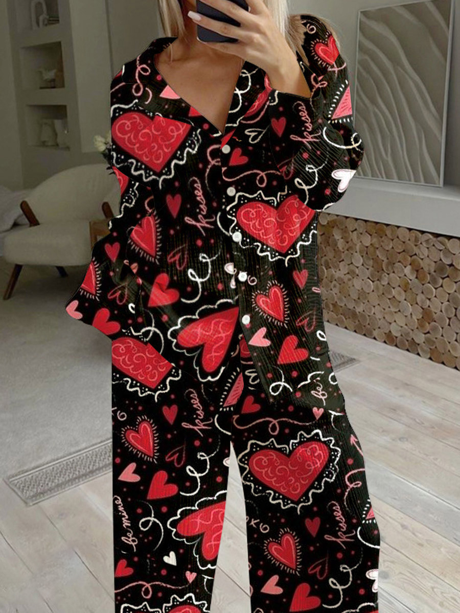Women's Valentine's Day Romantic Heart Pattern Long Sleeve Pants Set