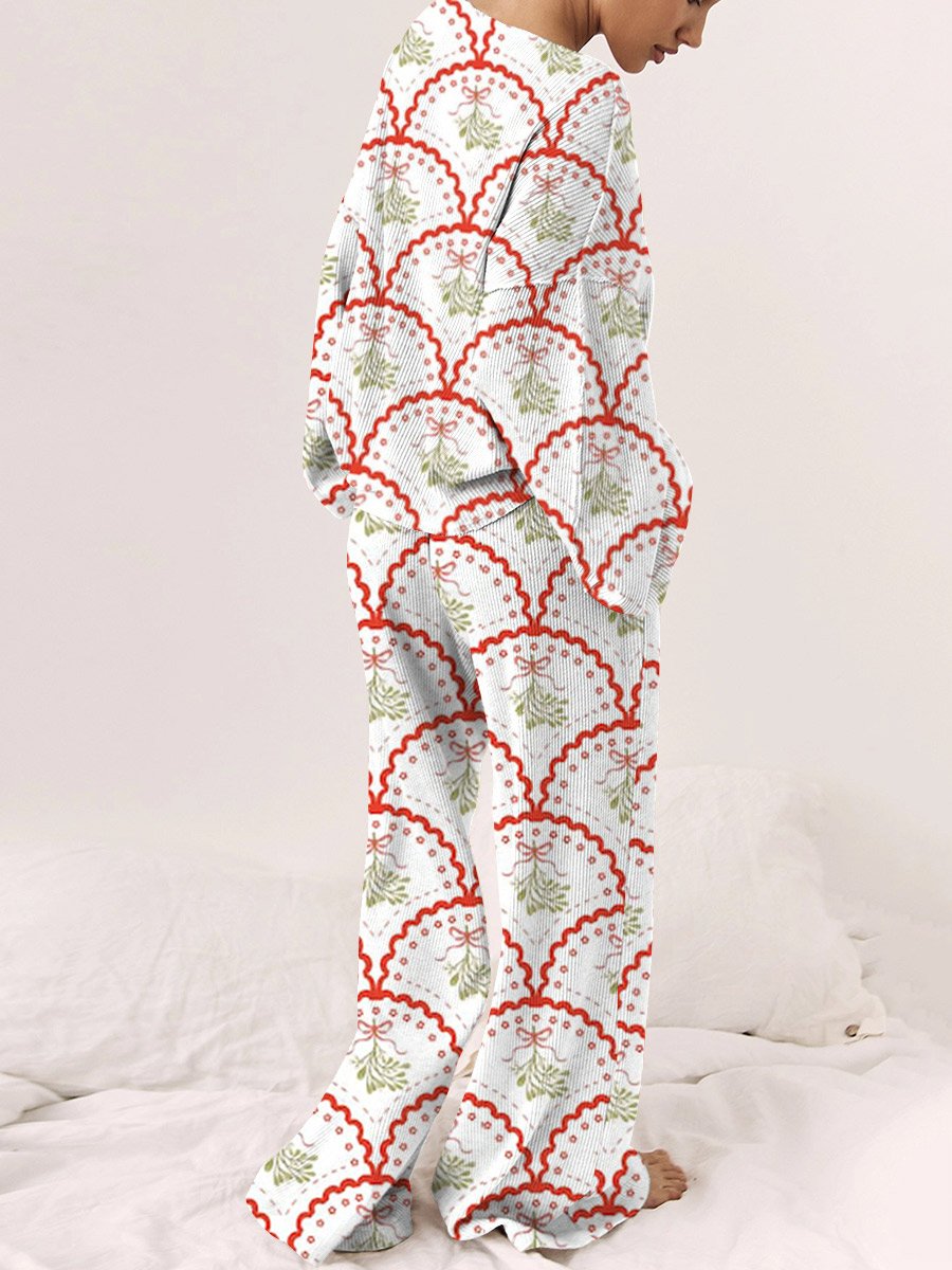 Women's Christmas Ribbon Plant Pattern Long Sleeve Pants Set