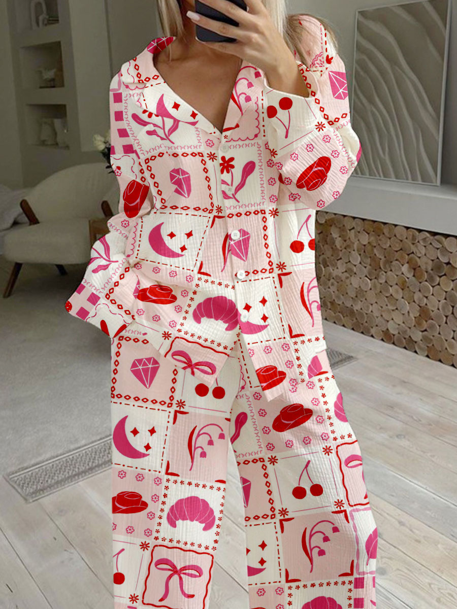 Women's Pink Valentine's Day Check Print Cardigan Homewear Set
