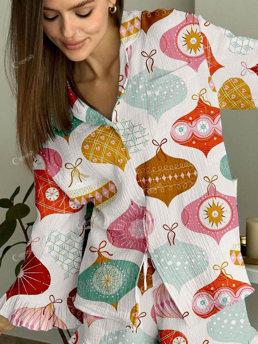 Women's Simple Christmas Lantern Print Linen Cotton Ruffled Suit