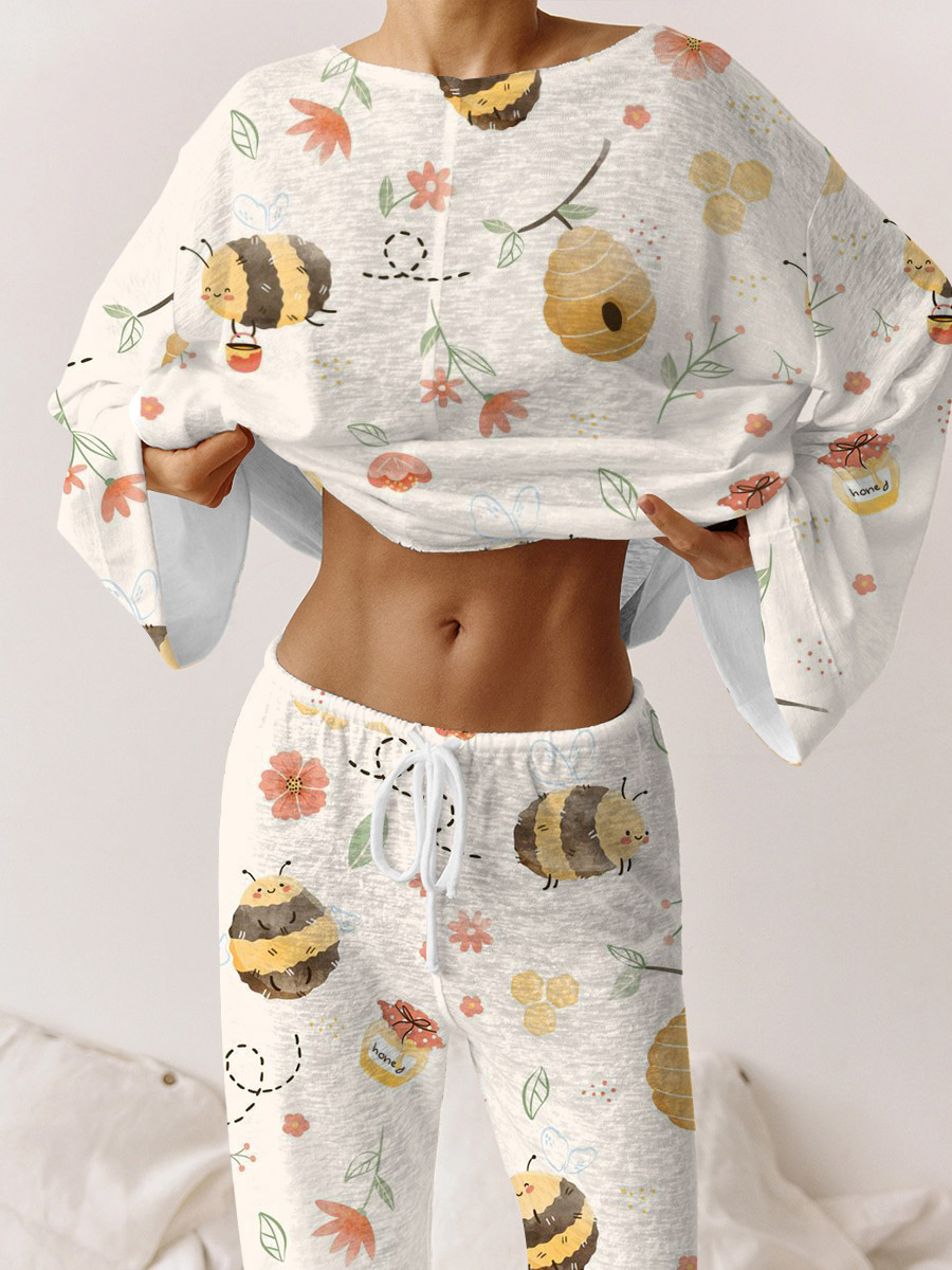 Women's Bee Pattern Round Neck Long Sleeve Pants Suit