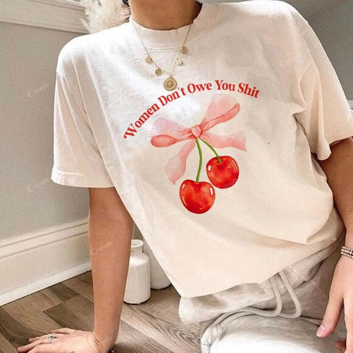 Women's Cherry Print Round Neck Short Sleeve Top