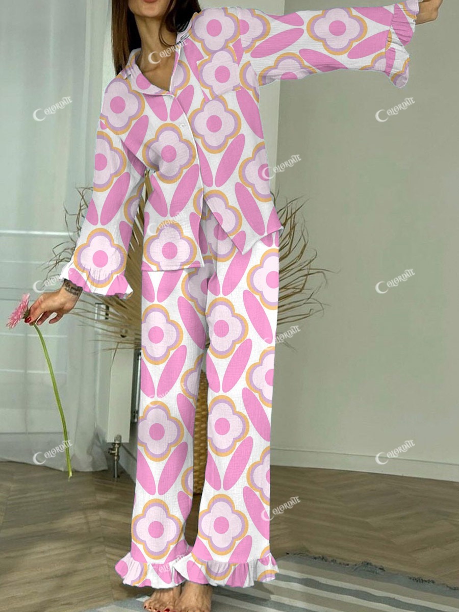 Women's Floral Print Casual Homewear Ruffled Set