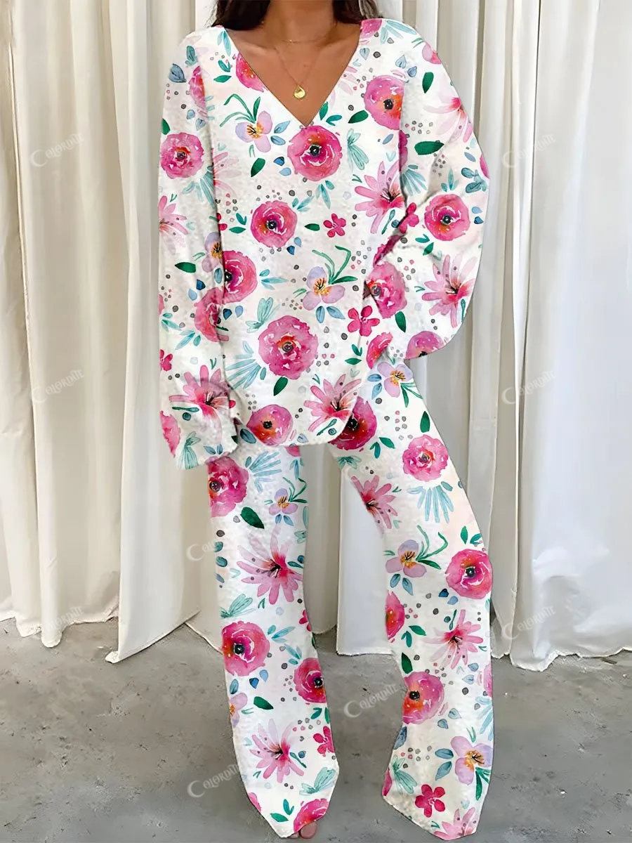 Women's Rose Floral Polka Dot Printed Fleece Suit