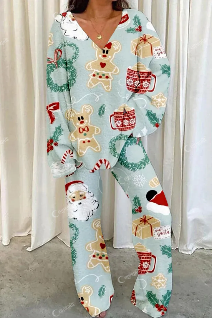 Women's Christmas Print Home Long Sleeve Suit
