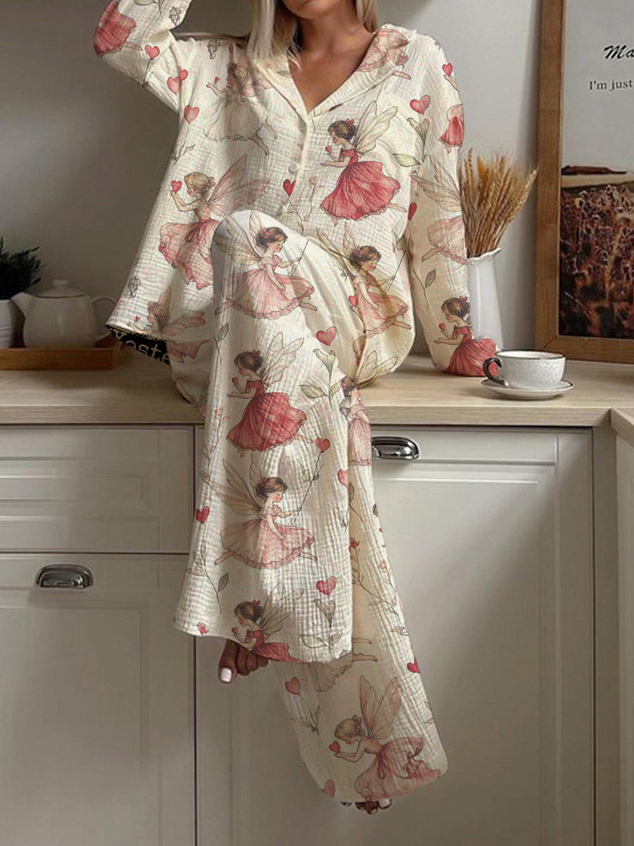 Women's Flower Fairy Pattern Long Sleeve Pants Suit