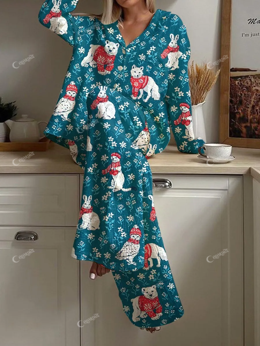 Women's Blue Christmas Cute Animal Art Floral Print Home Long Sleeve Suit