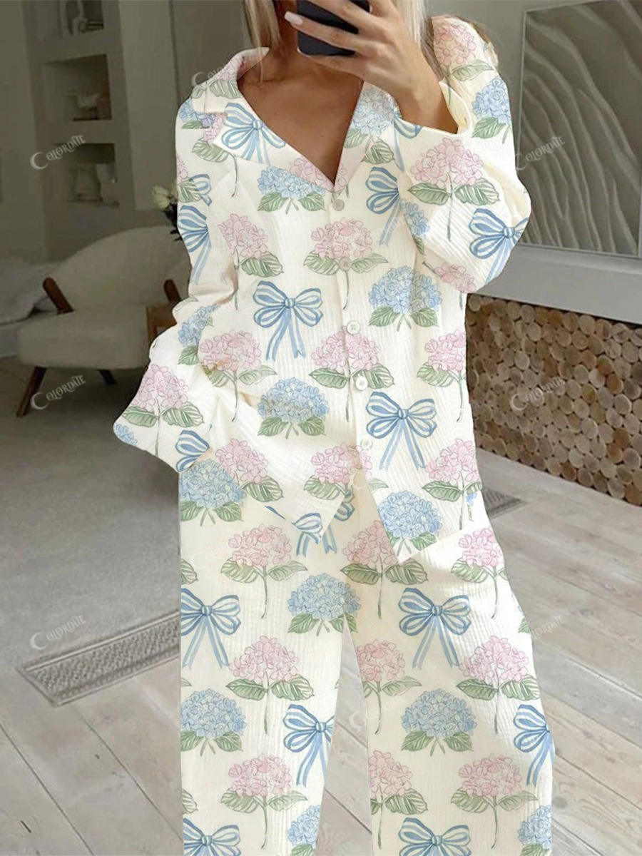 Women's Bow Flower Print Home Long Sleeve Suit