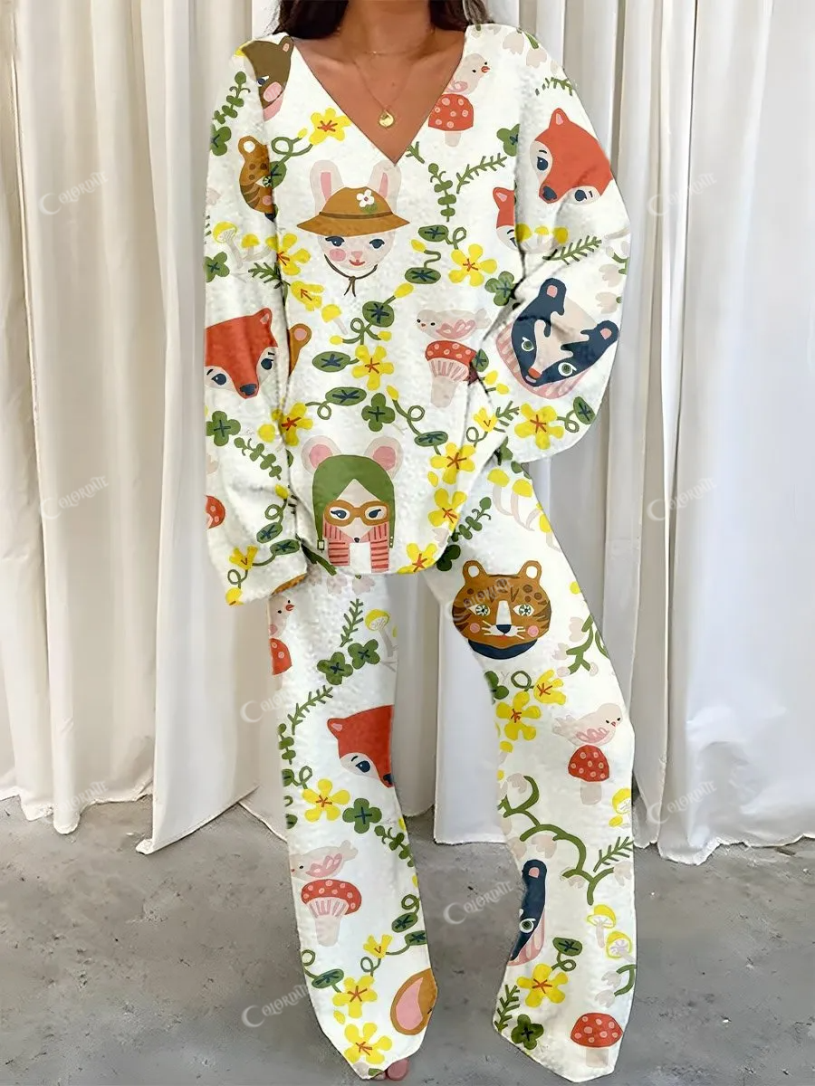Women's Forest Animal Floral Print Polar Fleece Set