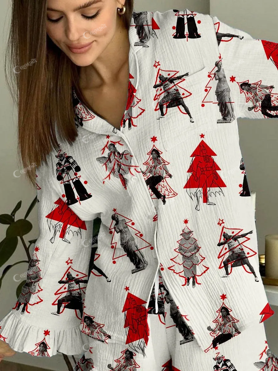 Women's Simple Xmas Print Cardigan Ruffled Home Set