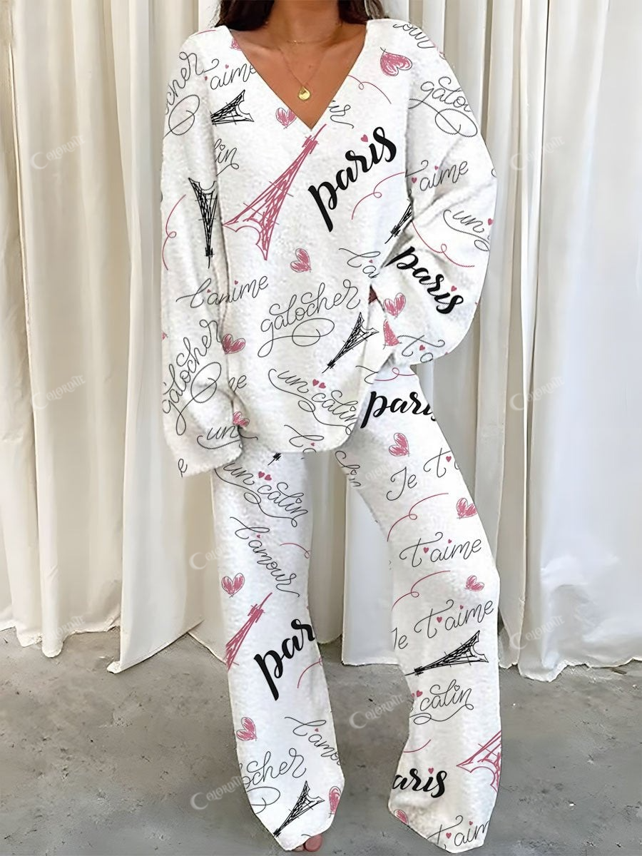 Women's Parisian Text Printed Fleece Suit