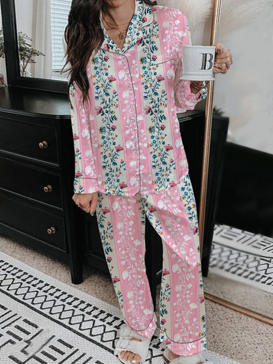 Women's Satin Art Floral Vintage Print Home Long Sleeve Suit