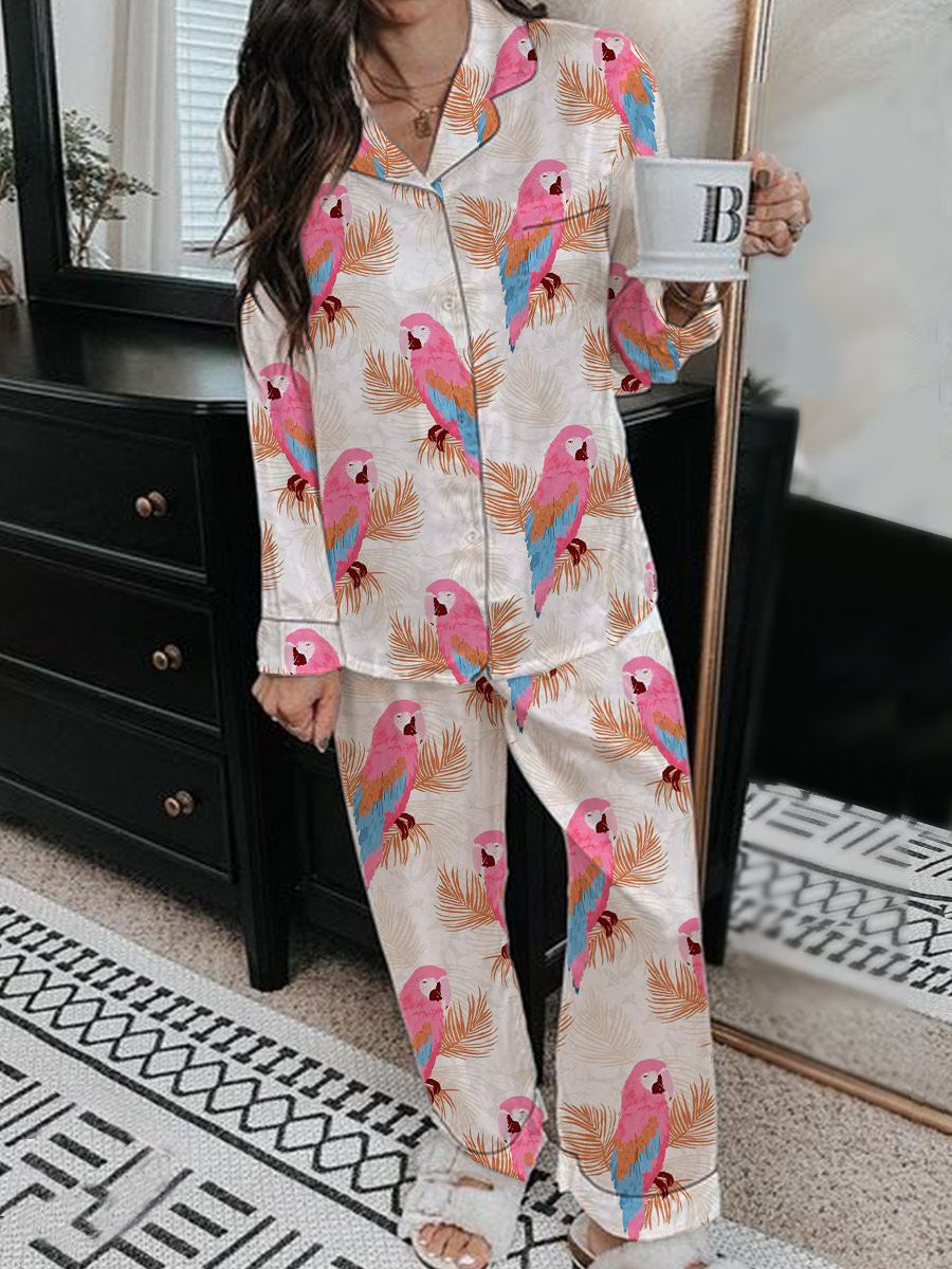 Women's Satin Funny Parrot Cute Animal Print Home Long Sleeve Suit