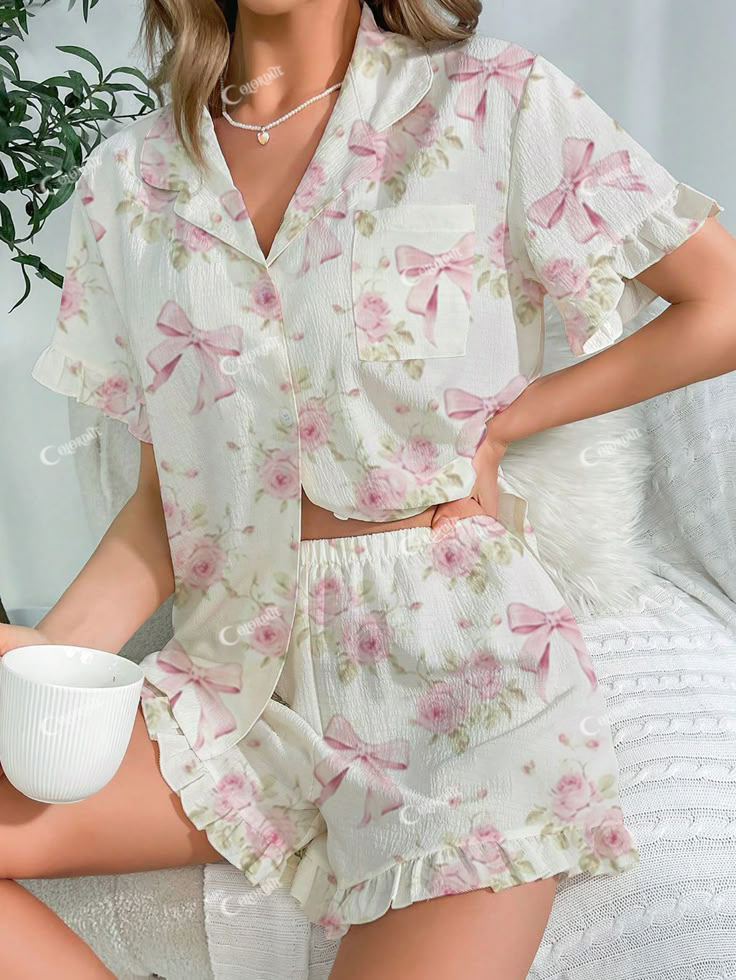 Women's Bow Flower Printed Linen Cotton Short Suit