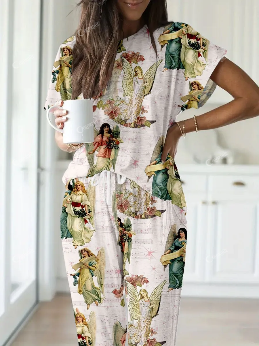 Women's Retro Angel Print Short Sleeve Homewear Set