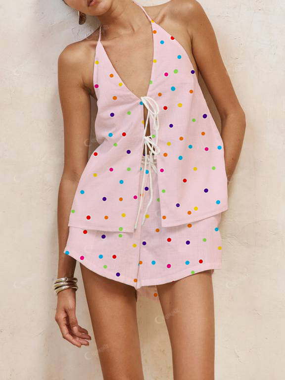 Color Wave Dot Print Halter Neck Tie-Up Top And Shorts Suit