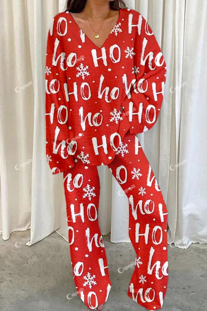 Women's Red Christmas Letter Print Home Long Sleeve Suit