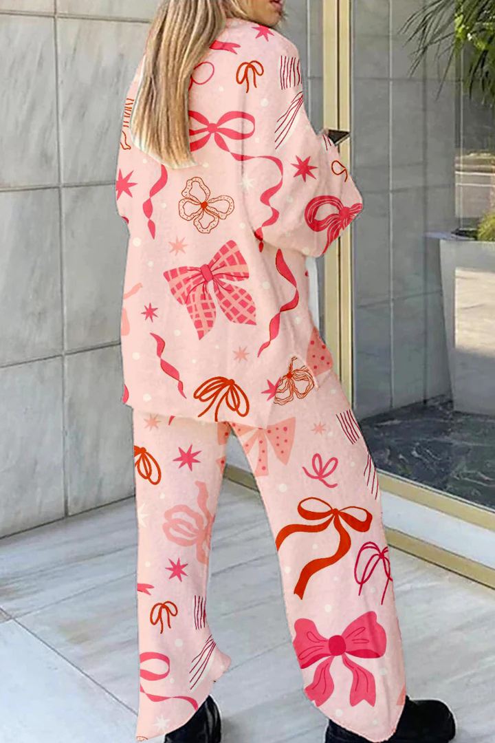 Women's Pink Bow Print Home V Neck Long Sleeve Suit