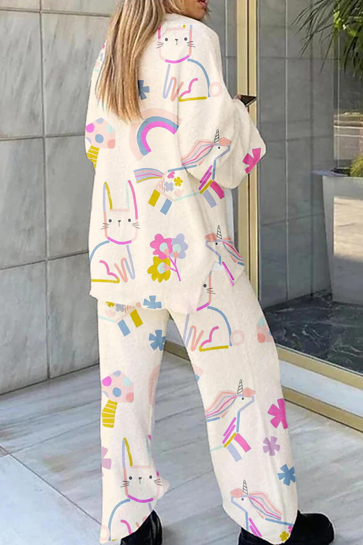 Women's Cartoon Colorful Cat Unicorn Print V Neck Home Long Sleeve Suit