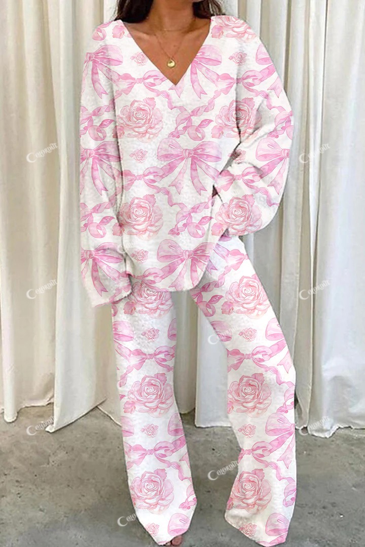 Women's Pink Floral Bow Print Home Long Sleeve Suit