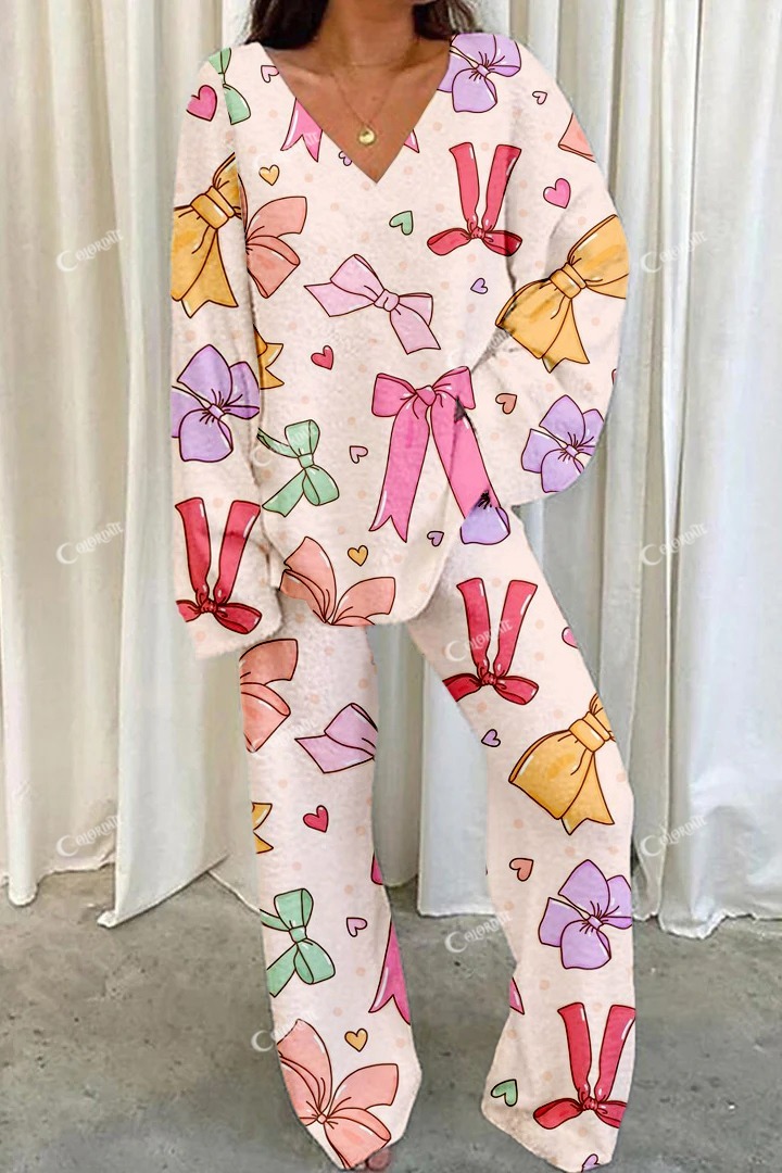 Women's Colorful Bow Heart Polka Dot Printed Casual Homewear Set
