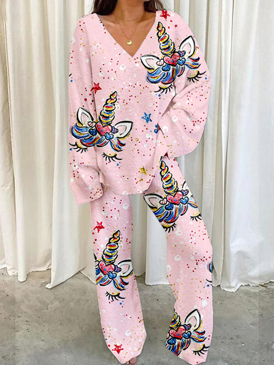 Women's Unicorn Print Home V Neck Long Sleeve Suit