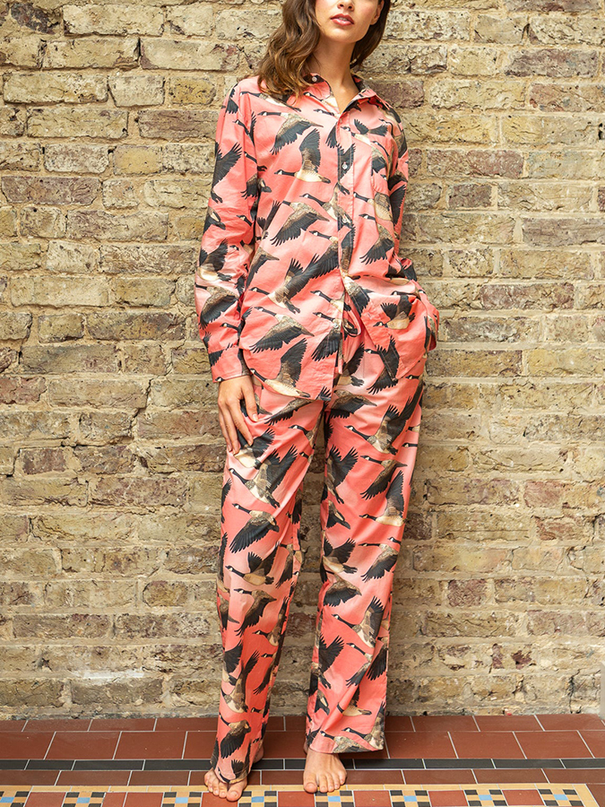 Women's Lapel Wild Geese Print Long Sleeve Pajama Set