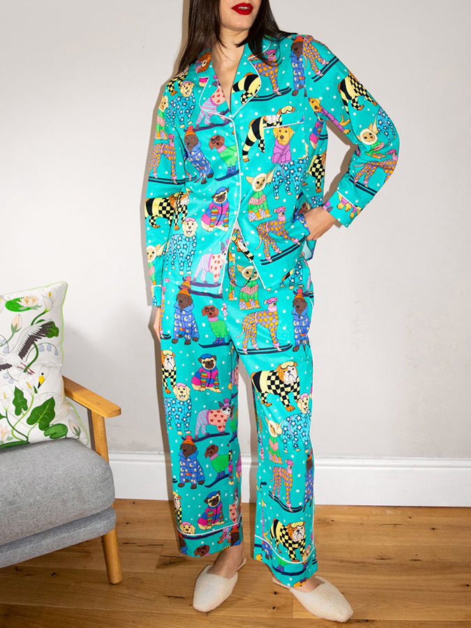 Women's Lapel Cute DOG Print Long Sleeve Pajama Set