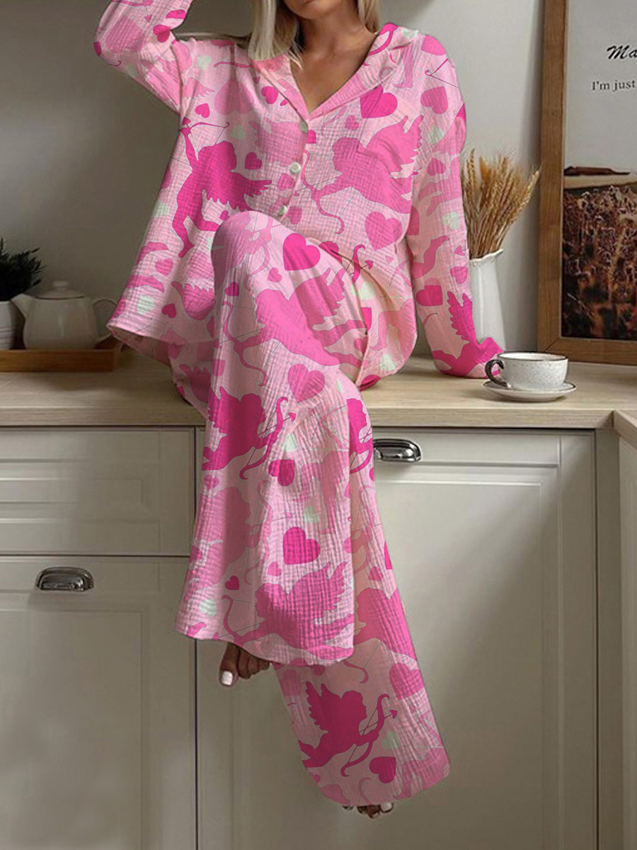 Women's Valentine's Day Romantic Cupid Pattern Long Sleeve Pants Set