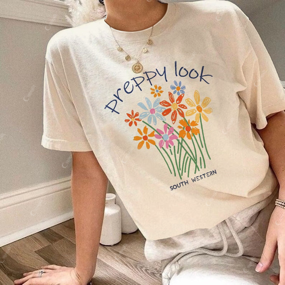 Colordate Women's Preppy Look Print Round Neck Short Sleeve Tee