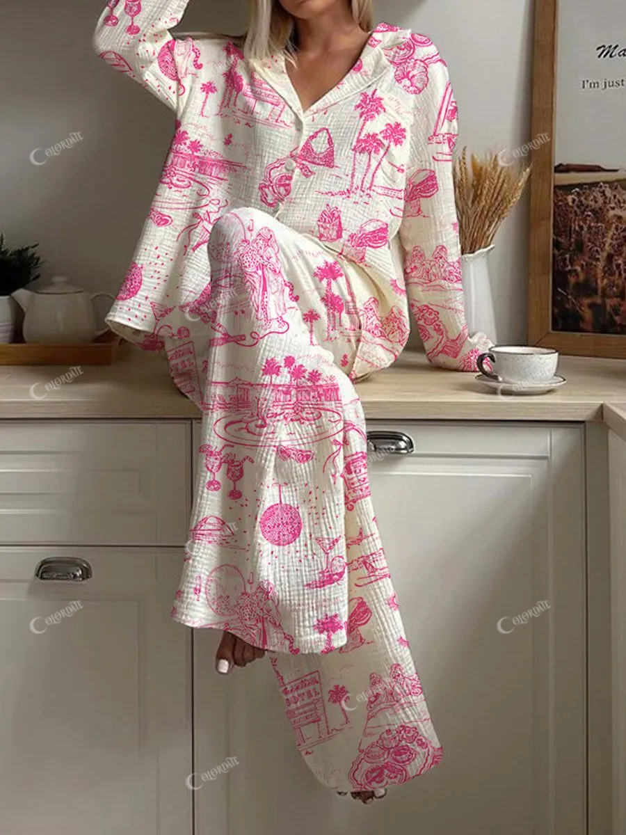 Women's Hand Painted Artistic Pink Holiday Pattern Long Sleeve Pants Set