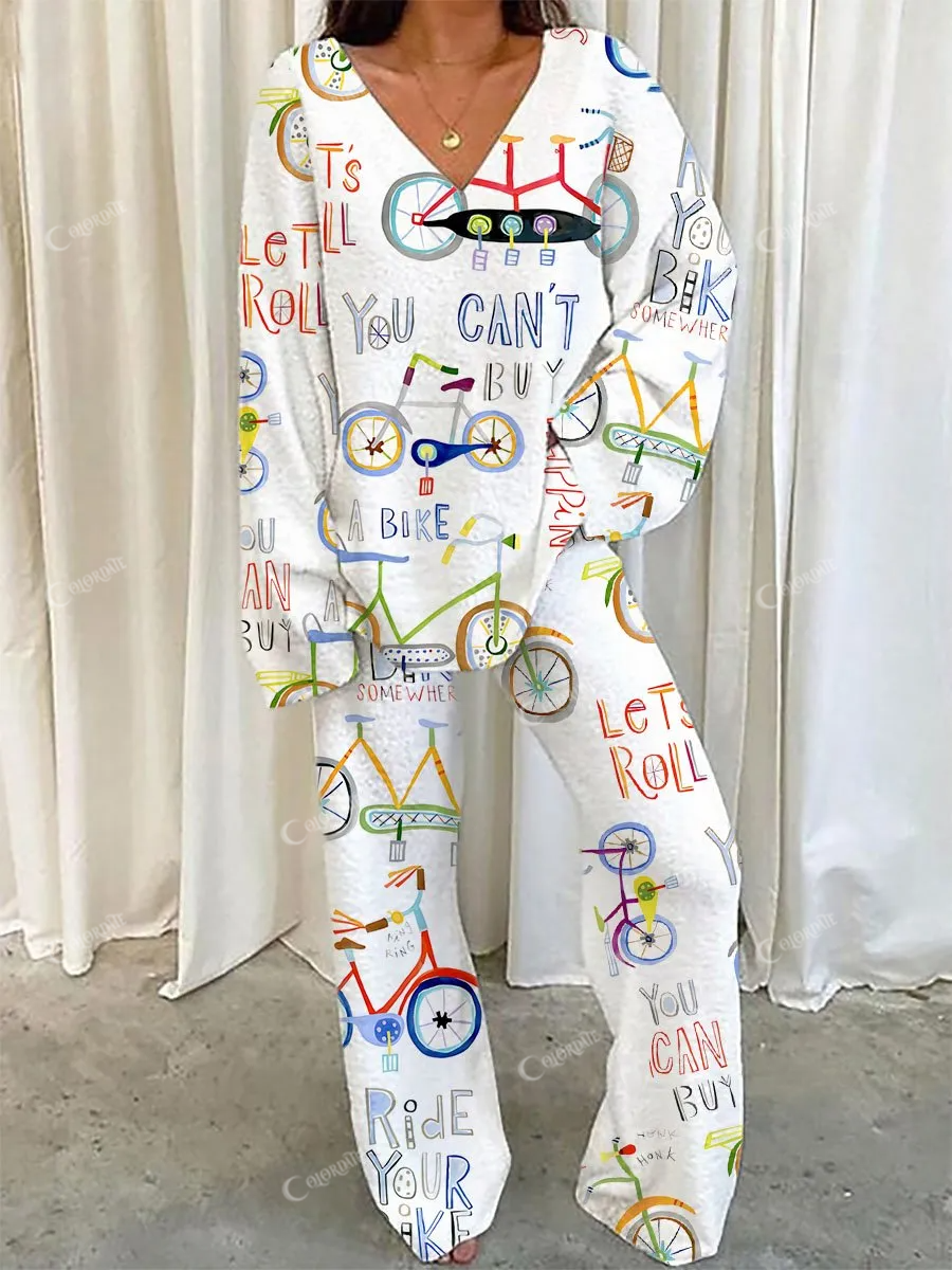 Women's Bicycle Print V-Neck Suit