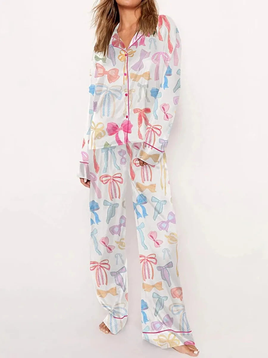 [Copy]Women's Lapel Colorful Bow Tie Print Long Sleeve Pajama Set
